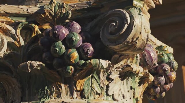 Close up of an ornate classical column detail featuring sculpted grapes and leaves with a textured, painterly effect for an artistic heritage concept