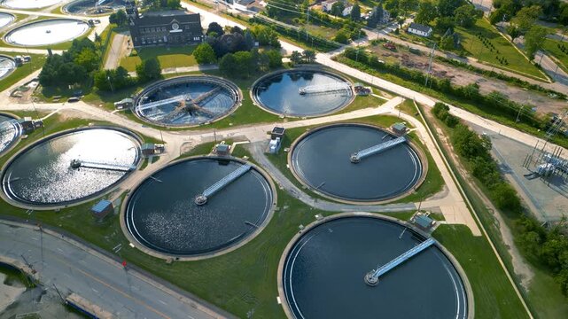 Aerial view of wastewater treatment plant clarifiers in Detroit downtown.