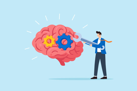 Flat illustration of businessman adjusting brain gears with wrench symbolizing mindset change mental improvement problem solving and cognitive development