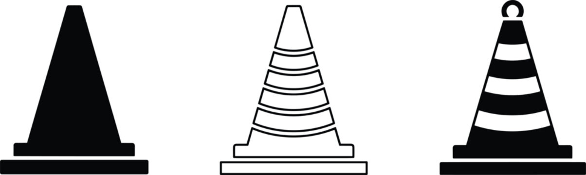 Traffic cone icons set showing solid, outline, and striped safety cones for road construction warning signage design concepts