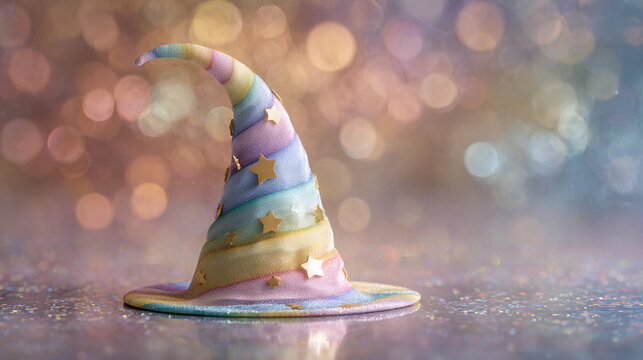 A whimsical witch hat with pastel stripes and golden stars. A perfect addition for any magical event, and evokes a sense of playfulness and wonder. 