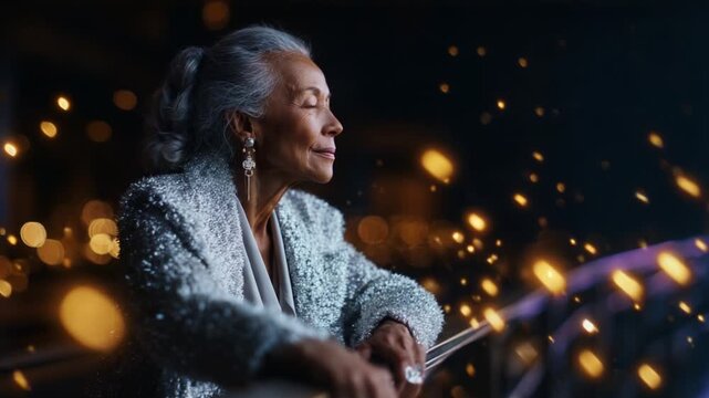 A reflective moment captured, showing a distinguished elderly woman in a sparkling silver coat gazing thoughtfully into the distance