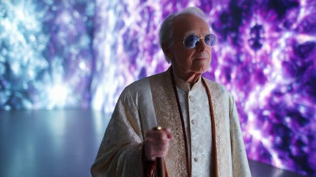 A wise figure stands in a surreal luminescent environment, adorned in elegant garments, showcasing a blend of wisdom and mystery amidst vibrant cosmic patterns 