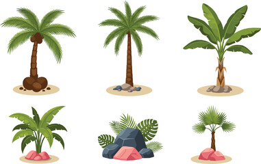 Obraz premium Set of stylized tropical trees featuring coconut palms banana plants and exotic greenery with rocks on sand patches isolated on grey background