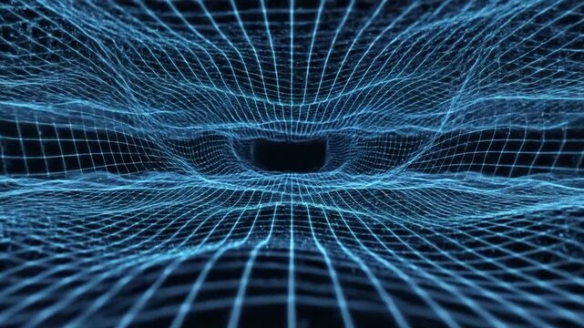 A warped grid with blue lines forms a funnel-like shape toward a dark void