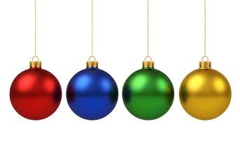 Four colorful christmas ornaments hanging from strings on transparent background