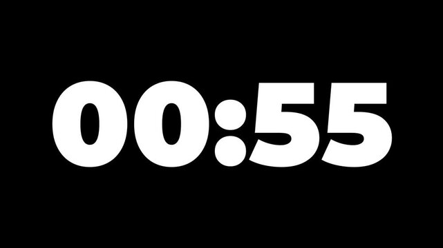 One minute countdown animation from 60 seconds to 0 seconds on a transparent background, One minute countdown timer with alpha channel