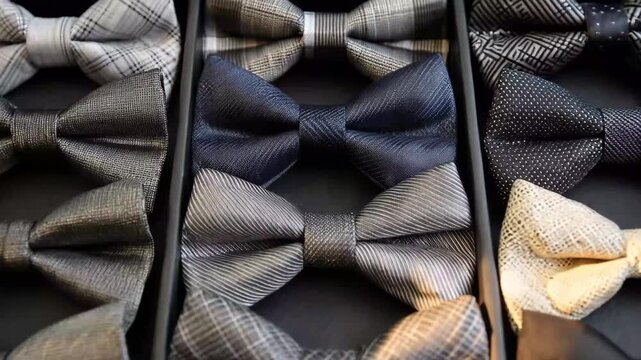 Bow ties arranged in a box showing different patterns and colors for formal wear at a special occasion or event