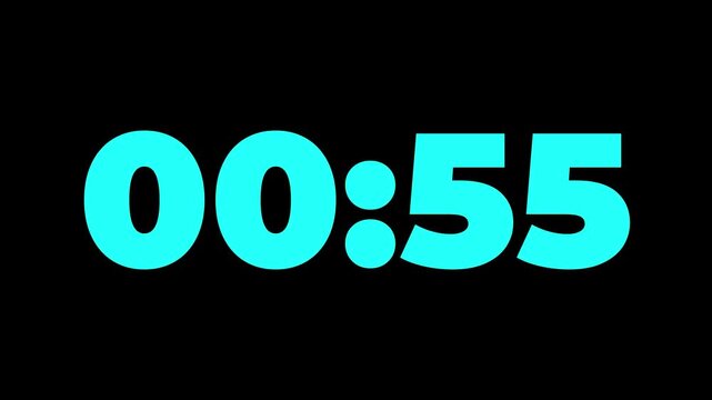 One minute countdown animation from 60 seconds to 0 seconds on a transparent background, One minute countdown timer with alpha channel