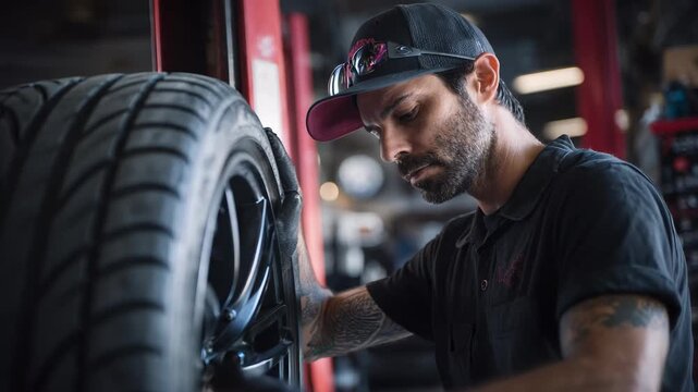 Mechanic changes tire at an auto shop in the afternoon while focused on the task in a busy environment with tools and equipment around