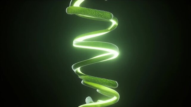 Glowing green spiral energy on dark background suggests growth, vitality, and futuristic bio-tech concepts, ideal for science visuals, innovation branding, and abstract motion design.