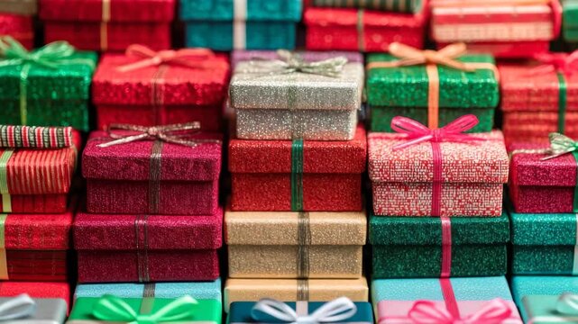 Colorful christmas gift boxes forming a festive holiday background