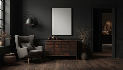 Fototapeta premium A modern dark interior room with a gray chair and wooden dresser