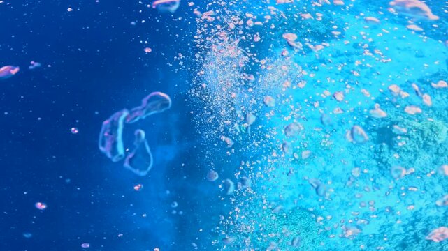 Underwater air bubbles rising through deep blue water