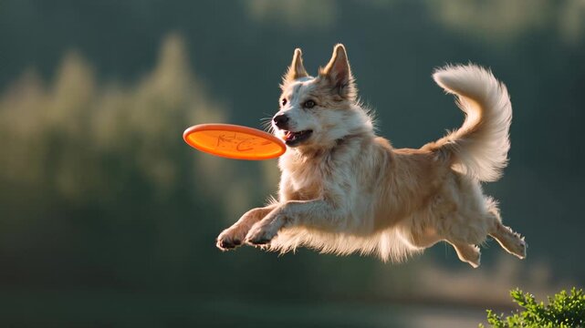 Dog jumps to catch a frisbee during playtime in a park at sunset with green trees in the background