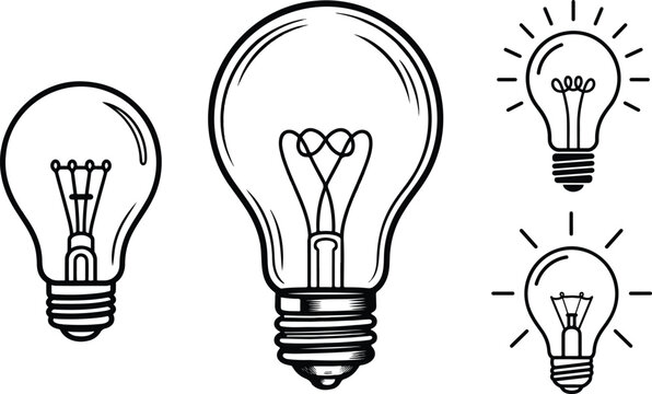 Simple black and white illustration of glowing light bulb symbolizing idea innovation inspiration and creativity concept.