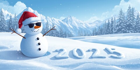 Obraz premium A festive snowman with a santa hat and sunglasses in a winter wonderland.