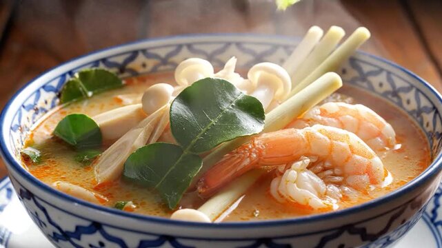 A steaming bowl of Thai Tom Yum soup with shrimp, lemongrass, mushrooms, and kaffir lime leaves