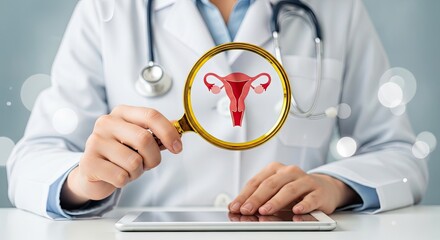 Gynecologist examining female reproductive system with magnifying glass