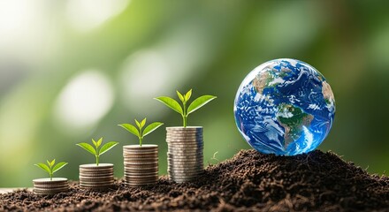 Sustainable growth concept with coins and earth globe