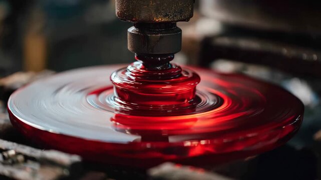 Red glass being shaped in a workshop using a machine during the day in a glassblowing studio