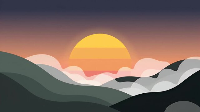 Minimalist sunrise over abstract mountains and fog