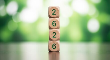 Wooden blocks with numbers on a blurred green background