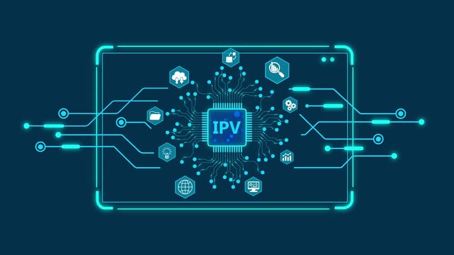 I P V internet protocol technology concept with glowing blue circuit board and representing data transfer and network communication