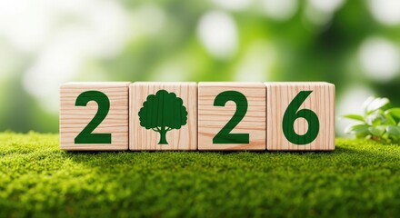 Eco friendly vision for 2026 with green tree on wooden blocks