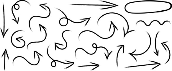 A collection of various hand drawn arrows and squiggles on a white background for creative design and directional indications