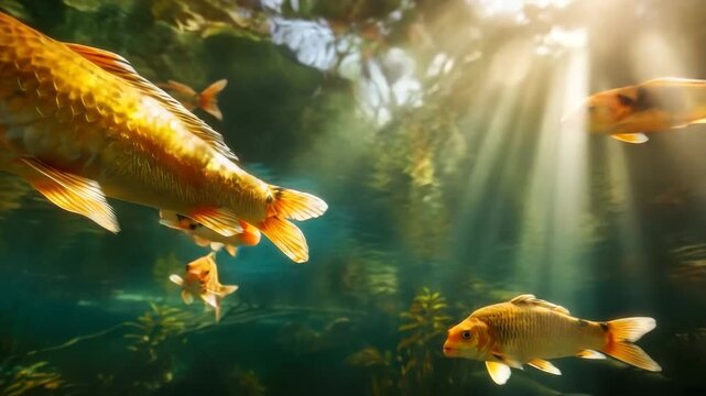 Golden koi fish swimming in pond with sun rays shining through water