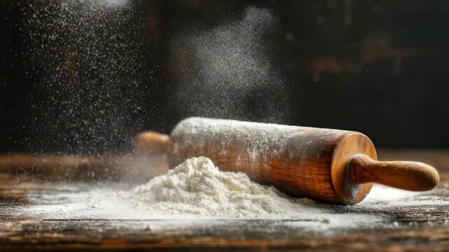 Flour falling on wooden rolling pin and table