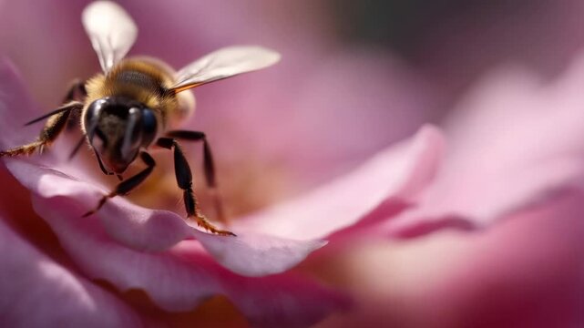 Close up view of a bee collecting nectar from a pink flower in a garden during daytime with bright sunlight enhancing the colors