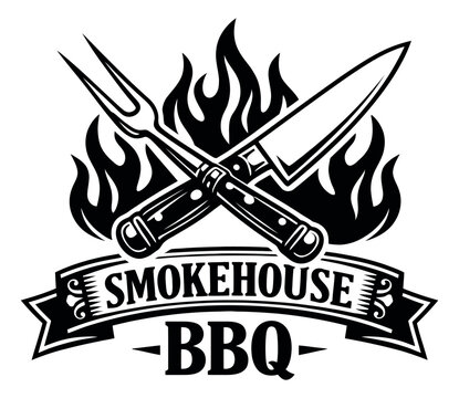Bold graphic illustration of a BBQ logo depicting crossed grilling fork and knife with flames for smokehouse and restaurant branding