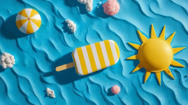 Popsicle floating on water with sun and beach umbrella, minimal summer concept