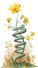 Surreal Illustration of Yellow Flowers with Spiral Green Stem in Grass Fiel