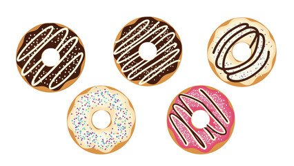 Set of five delicious glazed donuts viewed from above with chocolate, strawberry, and vanilla frosting.