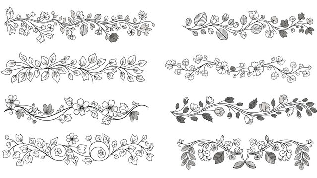 Collection of ornate black and white floral vine dividers and horizontal borders for page decoration.