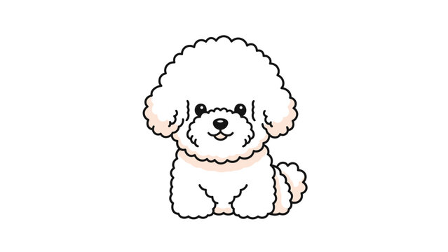 Adorable fluffy white bichon frise dog sitting calmly and looking forward against a plain white background.