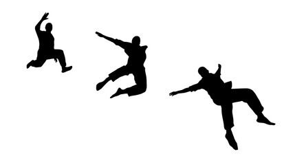 Silhouette sequence of a man performing a parkour jump and fall action
