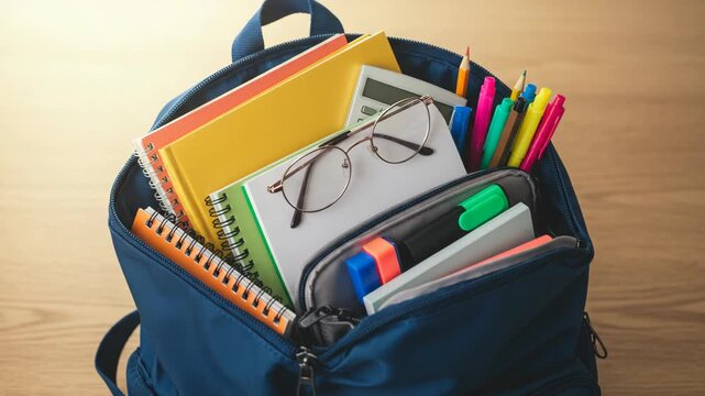 Blue Backpack Filled With School Supplies on Wooden Table