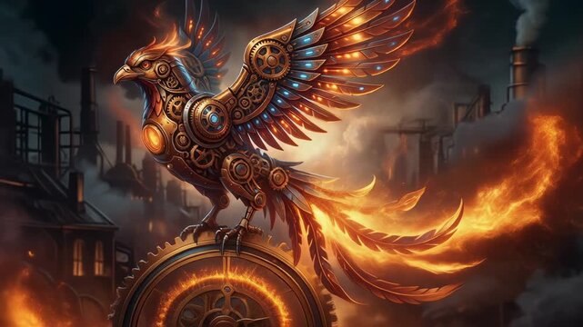 Steampunk mechanical phoenix bird with fiery tail and glowing wings in industrial fantasy setting