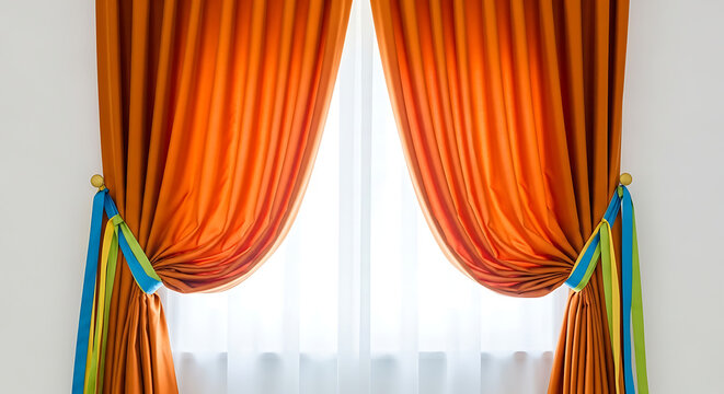 Orange curtains with colorful ties pulled back from a window with sheer white drapes, viewed from inside a bright room
