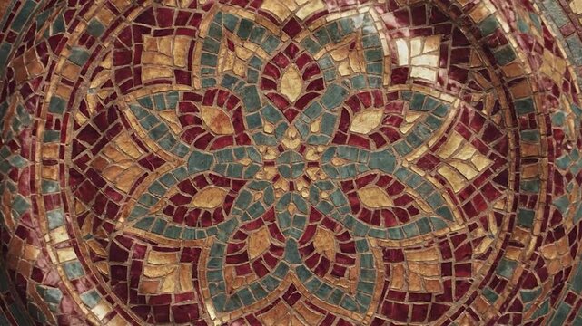 Intricate mosaic pattern featuring floral design in jewel tones of red, teal, and gold