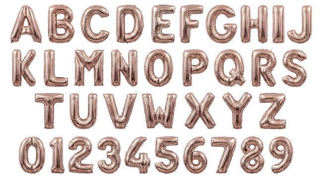 Rose gold balloon alphabet and numbers set, with pink metallic foil texture, isolated on white background, graphic design
