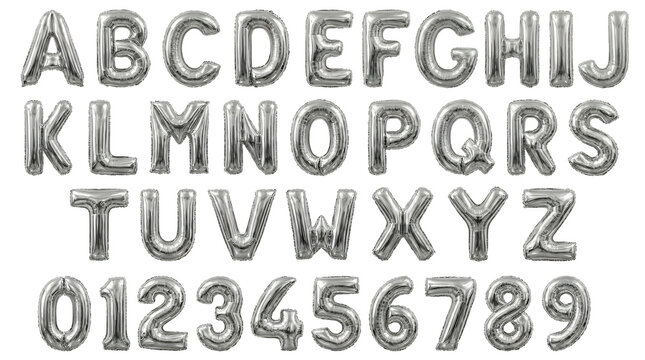 Silver balloon alphabet and numbers set, with shiny metallic reflective surface, isolated on white background, graphic design