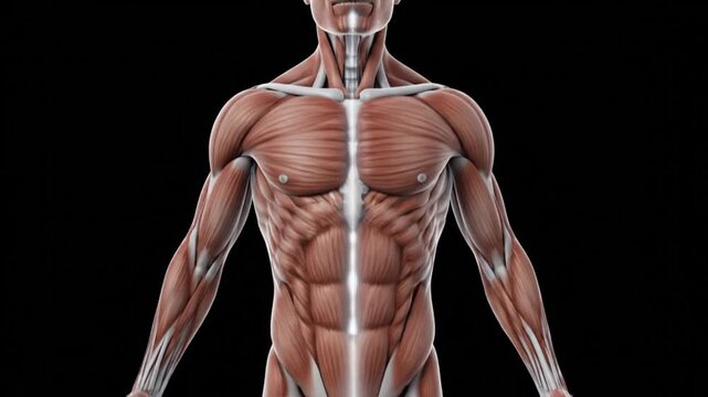 Detailed anatomical illustration of the human muscular system showing the upper body and arms.