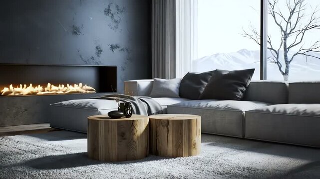 Living room interior with fireplace; Cozy, modern design with neutral tones, winter mountain view, natural light, minimalistic, rendering, comfortable