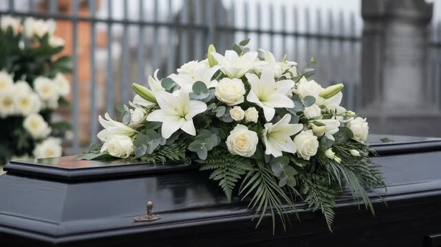 Elegant white lily and rose funeral flower arrangement on black coffin with greenery outdoors