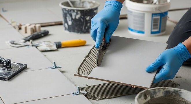 Applying adhesive mortar on ceramic tile, home renovation and improvement